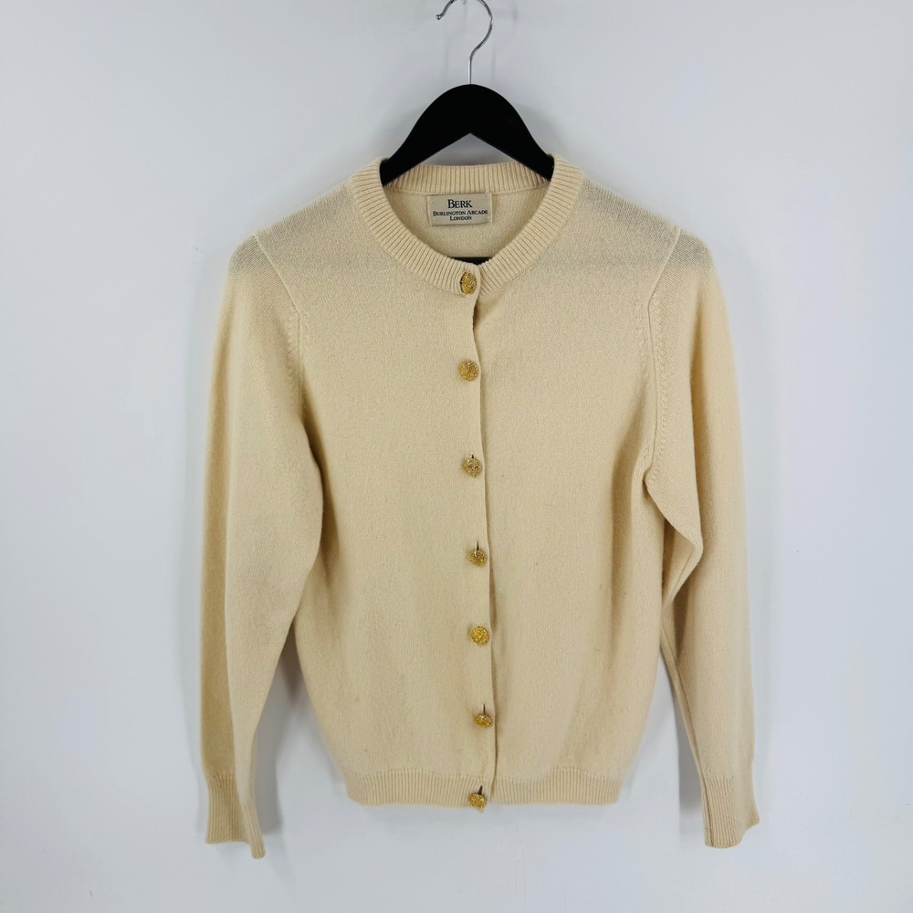 Vintage Berk Cashmere Cardigan Button Front Crew Neck Gold Button Sweater